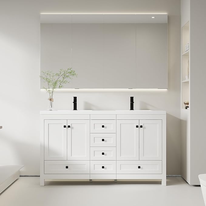 eclife 60" Bathroom Vanities with Sink Combo, Modern Thickened Wood Bathroom Storage Cabinet w/Undermount Double Sink, Matte Black Faucet Drain, Painted Surface, White