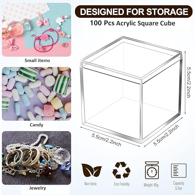 Tuanse 100 Pcs Acrylic Box with Lid Clear Small Acrylic Box Plastic Square Cube with Lid Mini Containers Display 2.2 x 2.2 x 2.2 Inch for Candy Pill Tiny Jewelry Toys Gifts