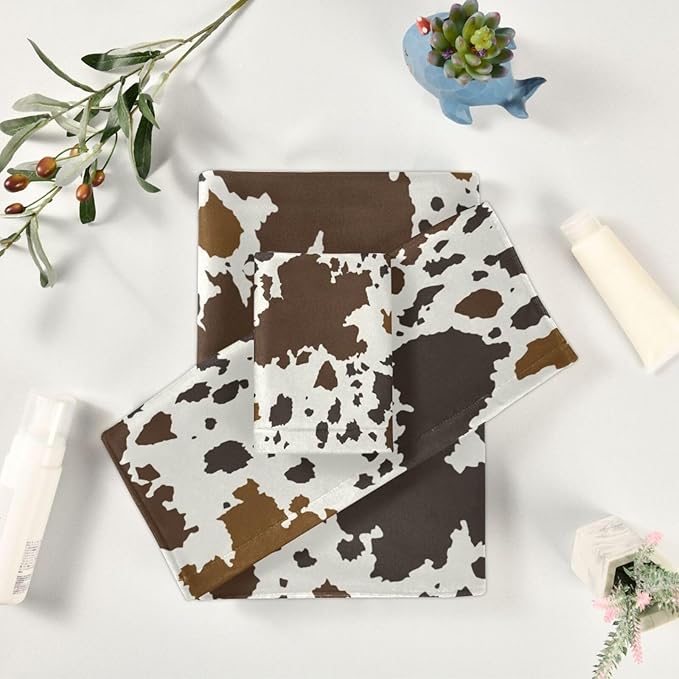 3 Piece Rutic Cowhide Pattern Bath Towel Set,Microfiber Decorative Western Animal Skin Cow Print Farmhouse Bathroom Towels,1 Bath Towel 1 Hand Towel for Bathroom Kitchen,1 Washcloth for Face