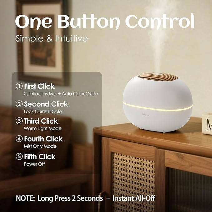 100ml Mini Essential Oil Diffuser, Portable Aromatherapy Diffuser with Warm Light, One-Button Control, Auto Shut-Off, Quiet Ultrasonic Mist for Home, Travel, Yoga, Meditation (White)