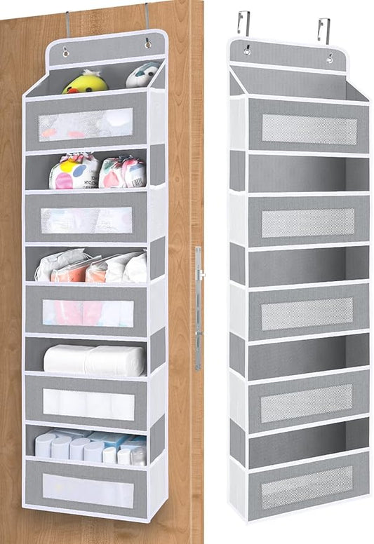 Over The Door Organizer Storage, 5 Shelf Hanging Door Organizer with 10 Large Capacity Pockets, Anti Tilt 44 lb Load Behind Door Storage for Bedroom, Bathroom, Pantry, Nursery, (Grey)