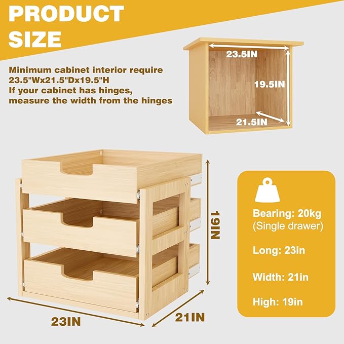 Pull Out Cabinet Organizer, 23''W×21''D×19''H Soft Close Slide Out Wooden Pull out Drawers, Three Tier Slide out Wood Cabinet Organizer, for Base Cabinet Organization in Kitchen, Pantry, Bathroom
