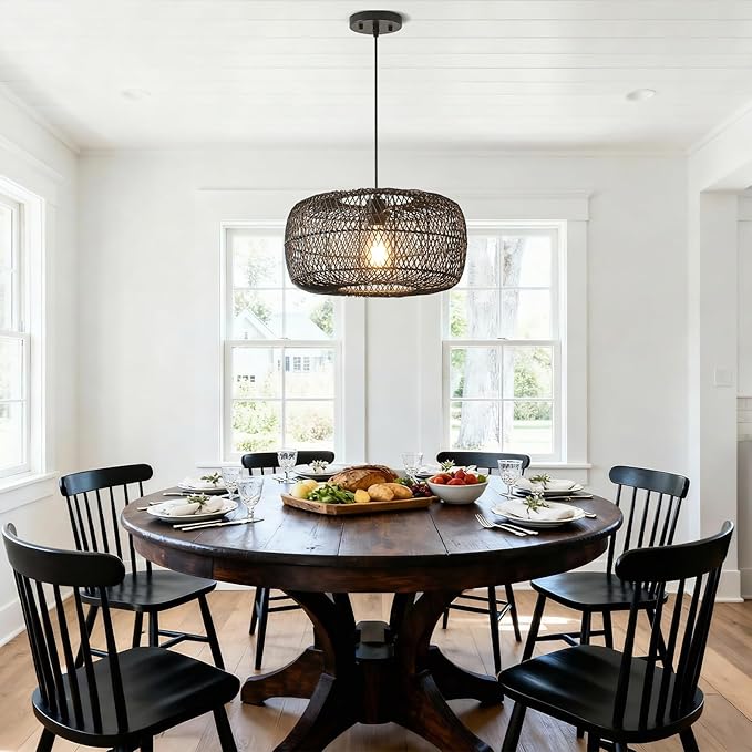 Black Rattan Pendant Light, 16in Drum Wicker Chandelier Hand-Woven Rattan Hanging Lighting Fixture Boho Pendant Lights for Dining Room Kitchen Island Living Room Bedroom Foyer Entrance