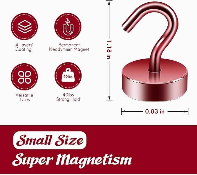 Neosmuk Magnetic Hooks, Cruise Ship Essentials, 40lb+ Heavy Duty Magnetic Hooks for Cruise Cabins, Refrigerator, Grill, Hanging, and Travel | Extra Strong Must-Haves Magnet Hook,Red
