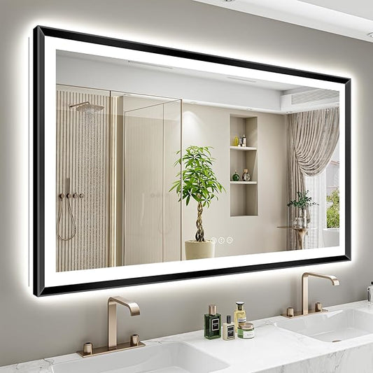 60x38 Black Framed LED Bathroom Mirror with Lights, Backlit and Front Light, Lighted Bathroom Vanity Mirror for Wall Dimmable Anti-Fog Memory Tempered Glass Horizontal/Vertical