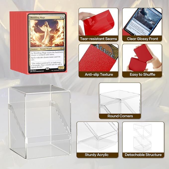 6 Pack Card Deck Boxes, Clear Commander Deck Case with 600Pcs Card Sleeves and Dividers, Standard Size Cards Storage Box Perfect Fit for MTG, Sport, Trading Cards (6 colors)