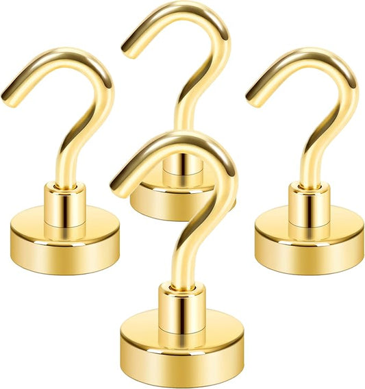 Neosmuk Magnetic Hooks,Heavy Duty Earth Magnets with Hook for Refrigerator, Extra Strong Cruise Hook for Hanging, Magnetic Hanger for Cabins, Grill (Gold, Pack of 4)