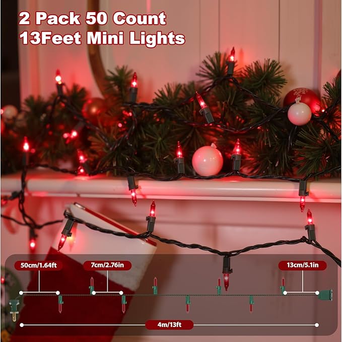 2Pack Red Christmas Lights, 13FT 50-Count Incandescent Halloween Mini Light with Green Wire, UL Certified Connectable Valentine's Day Lights Waterproof for Garland Party Xmas Holiday