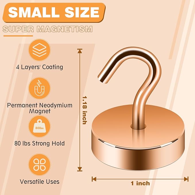 Neosmuk Magnetic Hooks, Cruise Ship Essentials, 8lb+ Heavy Duty Magnetic Hooks for Cruise Cabins, Refrigerator, Grill, Hanging, and Travel | Extra Strong Must-Haves Magnet Hook,Bronze，4 Pack