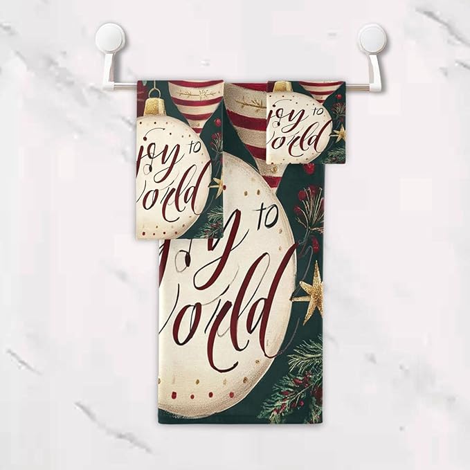 Christmas Winter Towels Set of 3 Holly Ball Ornament Joy Bathroom Towel Soft Absorbent Bath Hand Towels Washcloth Guest Towel Sets Xmas Holiday Decor
