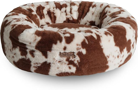 UnHide Floof Pet Bed - XL (40"x14") - Extra Soft Dog Bed - Removable Faux Fur Cover - Machine Washable - Helps Ease Pet Anxiety & Provides The Perfect Sleep - Cowhide