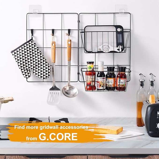 4 Pack Large Grid Wall Baskets with S-Hook - Gridwall Accessories Set Black Metal Hanging Shelf Basket Bins Organizer - Modular Storage Holders for Photo Display Panel Shelving Caddy for Garage