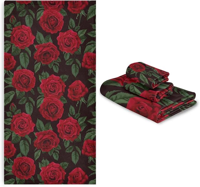 3 Piece Red Rose Floral Bath Towel Set,Microfiber Absorbent Decorative Vintage Flower Green Leaves Black Bathroom Towels,1 Bath Towel 1 Hand Towel for Bathroom Kitchen,1 Washcloth for Body Face