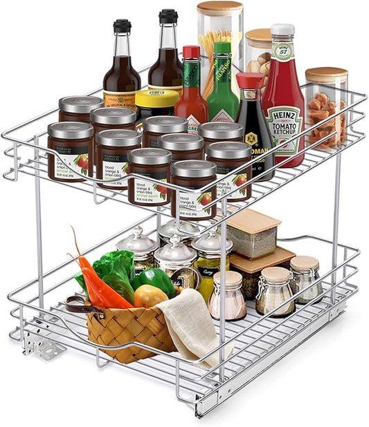 FULGENTE Chrome Finish Pull Out Drawer Cabinet Organizer 2 Tier (14" W X 18" D) Sliding Drawers For Kitchen Cabinets Cookware Organizer Drawer For Cabinet Slide Out Shelves