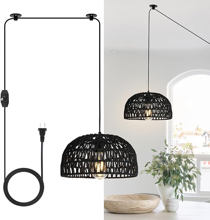 HuisMier Rattan Hanging Lamp Plug in Pendant Light, 15 Ft Hanging lamp with Wicker Woven Basket Lampshade, Dimmable Boho Hanging Lamp for Dining Room Living Room Bedroom, Black
