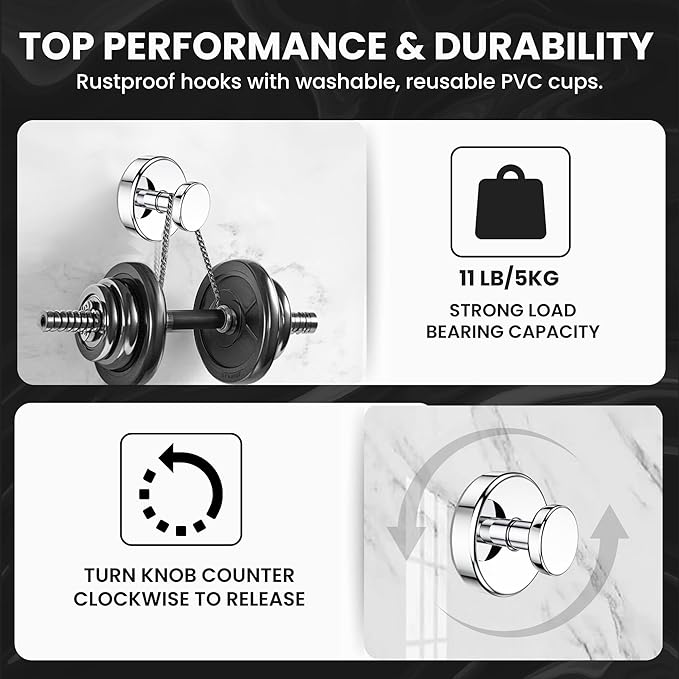 Suction Cup Hooks 4 Pack – No Drill Heavy Duty Bathroom Towel Hooks, Removable Stainless Steel Shower Hooks for Kitchen, Glass, Door, Bathrobe & Coat