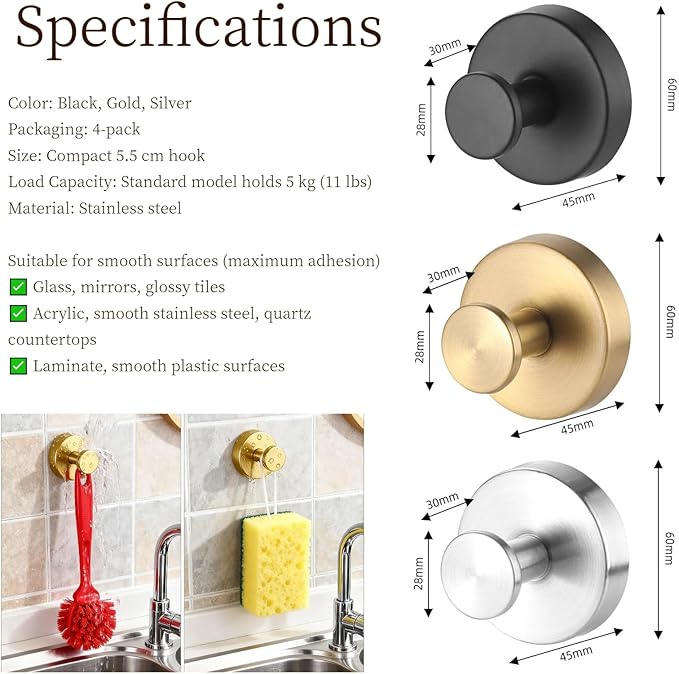 Suction Cup Hooks Removable Shower Hooks, 4Pcs Metal Towel Hooks for Bathroom Window Glass Wall Door Can Hang Various Towels Bath Towels Keychains, Sliver Front Door Wreath Hanger, No-Drill Waterproof