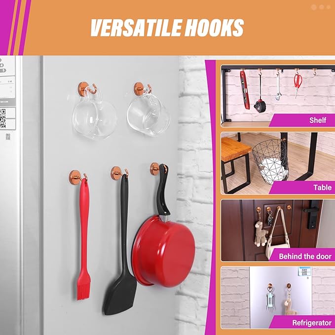 Neosmuk Magnetic Hooks Heavy Duty, Strong Magnet with Hook for Fridge, Super Neodymium Extra Strength Industrial Hooks for Hanging, Magnetic Hanger for Toolbox, Cruise, Grill(Bronze,4 Pack)