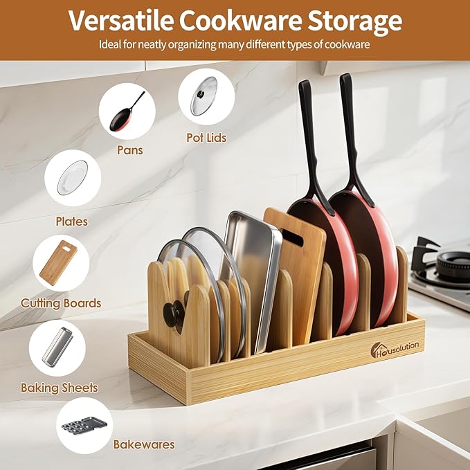 Housolution Bamboo Pot and Pan Organizer for Cabinet, Pot Lid Organizer with 7 Adjustable Dividers, Pan Holder Storage Rack for Cutting Board, Baking Tray and Cookie Sheet