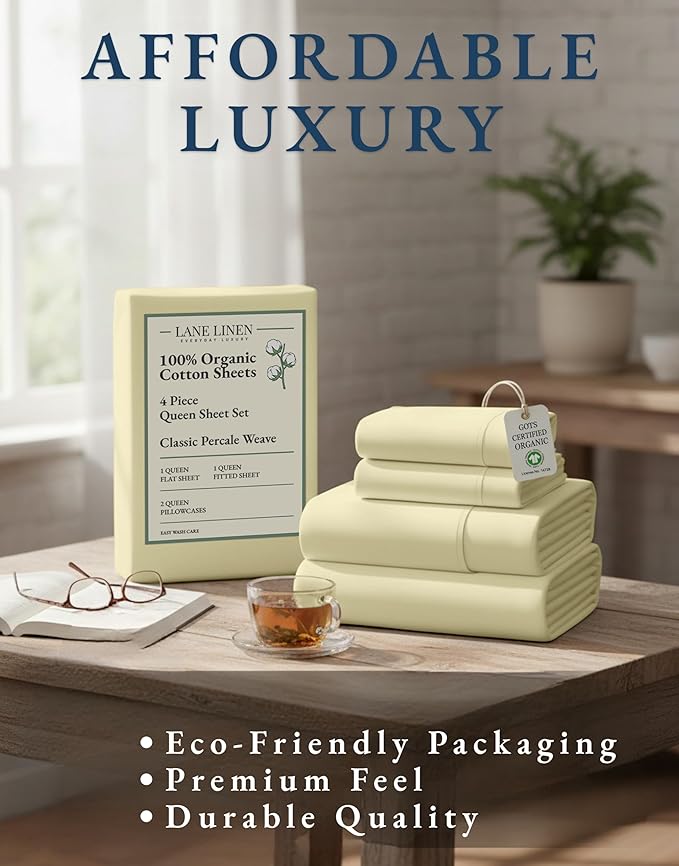 LANE LINEN , Eco Friendly 100% Organic Cotton Sheets Queen Size Bed Set, Soft & Comfy Fully Elasticized Percale Sheets, Fade Resistant Low Pill 15" Deep Pocket Queen Sheet Set – Vanilla