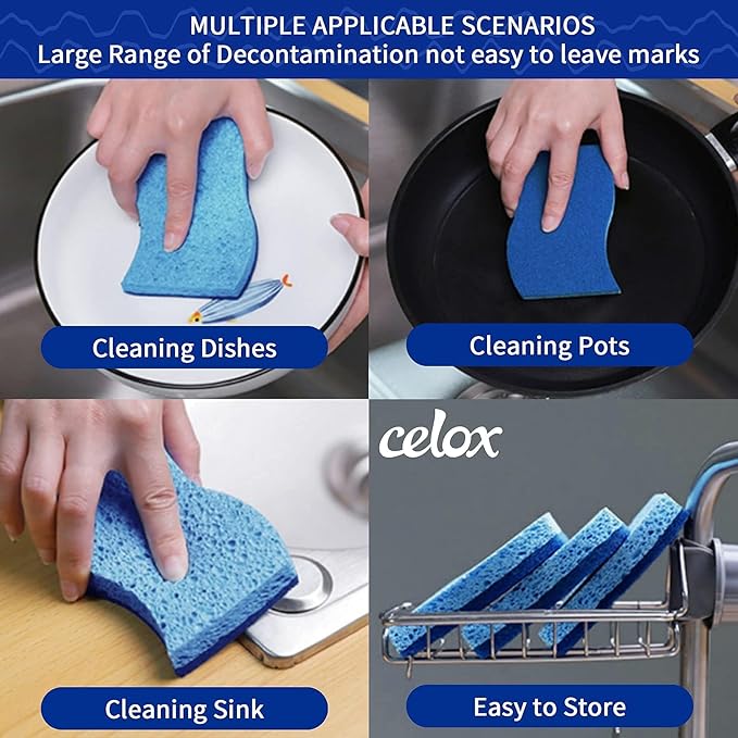 CELOX 6 Pack Non-Scratch Cellulose Scrub Sponge, Blue