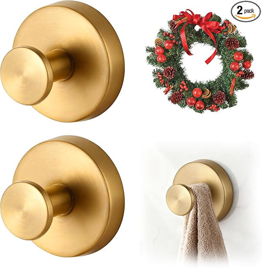 Suction Cup Hooks Applicable Shower No-Drill Bathroom Hooks for Towels, Ornament，Robes, Loofah Mountable on Bathroom Walls, Kitchen, Glass, Mirrors, Tile and Smooth,Non-Porous Surfaces (Golden 2pcs)