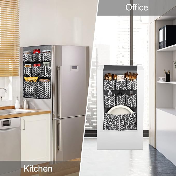 Mini Fridge Organizer 65" x 12.6", Mini Fridge Caddy with 15 Large Pockets, Over the Refrigerator Caddy Storage for Dorm, Pantry, Office, Plate, Silverware, Spice, Cutlery, Bottles, Napkins (Grey)