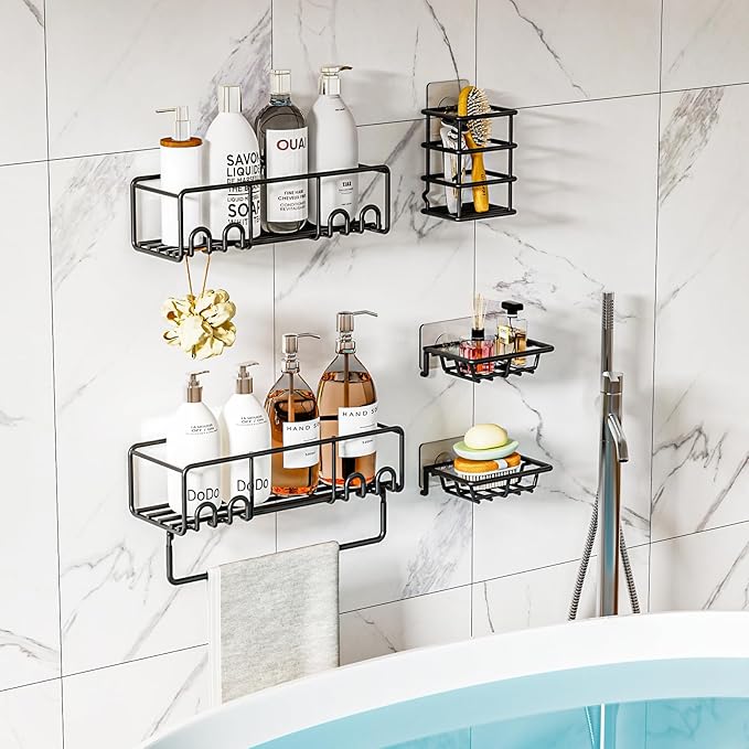 5-Pack Shower Caddy, Adhesive Shower Organizer, No-Drill Space Saving Shower Shelf with Soap Dish, Rustproof Shower Shampoo Holder for Kitchen & Bathroom Storage & Home Decor (Black)