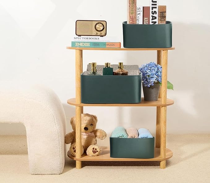 HofferRuffer Faux Leather Storage Baskets Bins with Velvet Lining for Organizing, Storage, Gifts, Set of 3 Nesting Shelf Baskets Decorative Storage Boxes for Home Organization (Green)