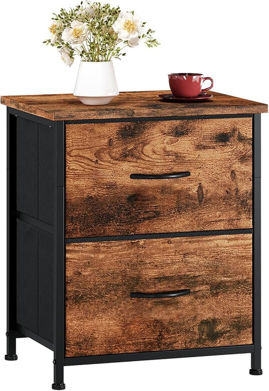 Somdot Nightstand, Small Dresser for Bedroom with 2 Drawers, Bedside Table Night Stand End Table with Fabric Bins for Bedroom Kids Closet Dorm Guest Room, Wood Grain Print