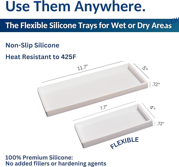 Countertop and Vanity Tray - 2 PC (11” and 7”) Shatterproof Silicone Kitchen and Bathroom Trays for Counter, Kitchen Soap Dispenser Tray, Vanity Trays for Bathroom, Perfume Key Tray