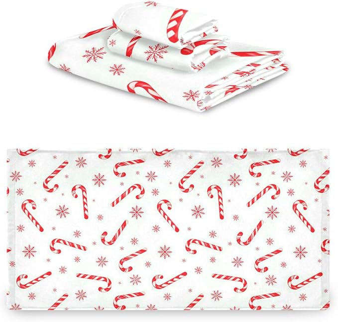 Christmas Winter Towels Set of 3 Red Candy Cane Snowflakes Bathroom Towel Soft Absorbent Bath Hand Towels Washcloth Guest Towel Sets Xmas Holiday Decor