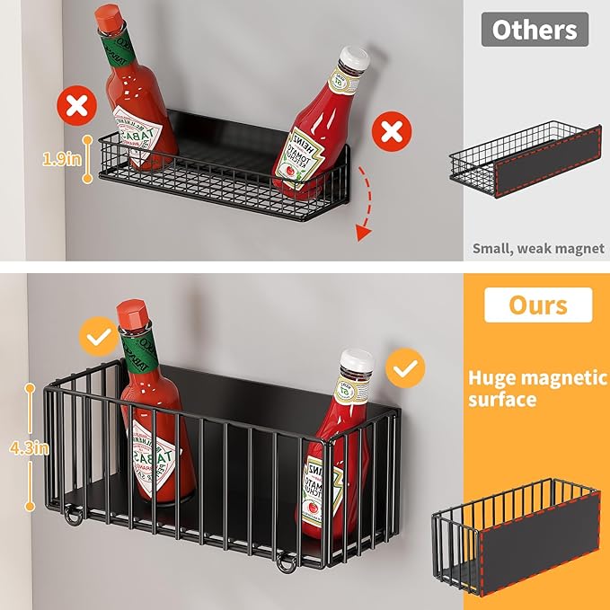 2 Pack Heavy-Duty Magnetic Basket for Fridge, 10lbs Capacity, Foldable Organizer Basket with 4.3" Enhanced Height for Large Bottles or Heavy Items, Spices, Kitchen(2 Pack)