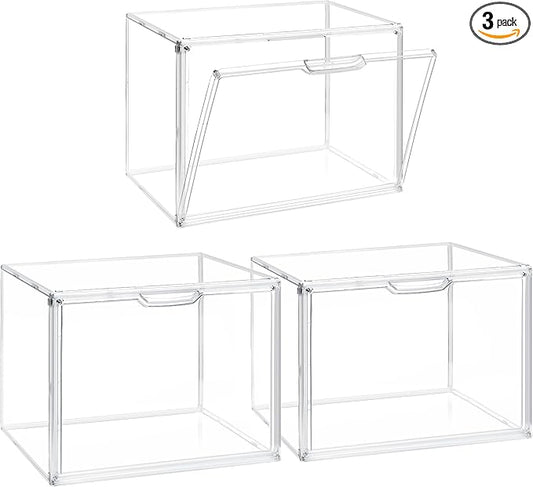 Clear Acrylic Stackable Storage Box with Magnetic Lid - 3 Pack Display Case for Collectibles and Figures Organizer