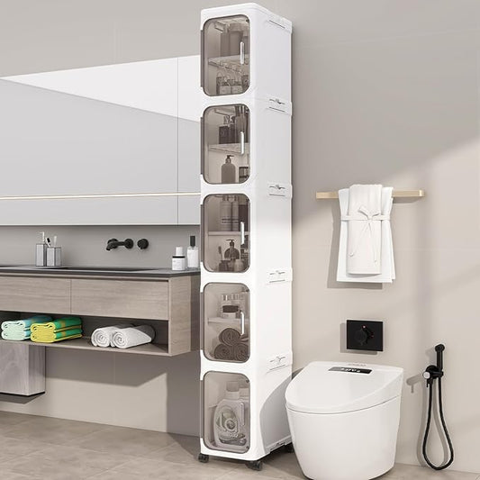 KHNR 5-Tiers Slim Bathroom Storage Cabinet, Foldable Storage Cabinets,Narrow Bathroom Storage,Movable Bathroom Storage Organizer for Small Spaces,Bathroom,Kitchen,Laundry,White