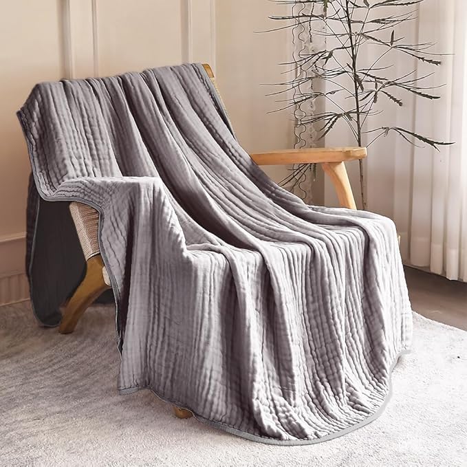 SANACYNA 100% Cotton Muslin Blanket 6-Layer Gauze Gray Grid Bed Blanket Lightweight Soft and Breathable Queen Blanket for Sofa Couch Bed Coverlet Both Sides (Grey, Queen 90" X 90")
