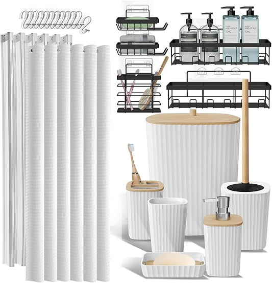 Clara Clark Bathroom Accessories Set - Bathroom Set with Adhesive Corner Shower Caddy Hanging, 25PC Bathroom Accessory Set, White Shower Curtain Set, Toilet Brush, Trash Can & Soap Dispenser