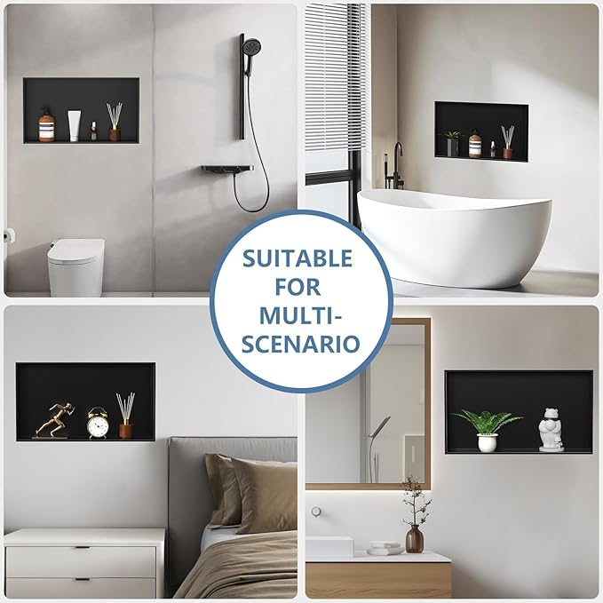 Homevacious Shower Niche 16 x 24 Inch Stainless Steel No Tile Needed Matte Black Bathroom Shelf Rimless Recessed Wall Niche for Bathroom Storage