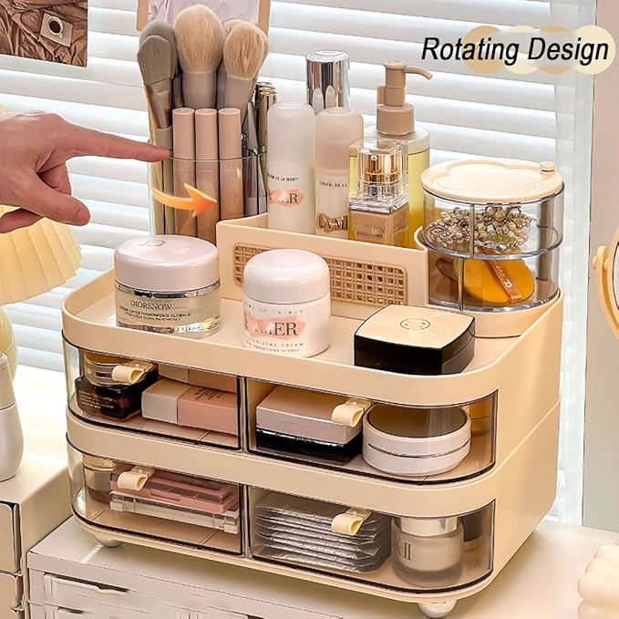 Large Rotating Makeup Organizer with Drawers, 3 Tier Skincare Storage Tower for Vanity, Bathroom Countertop Cosmetic Display Case with Brush Holder & Handle