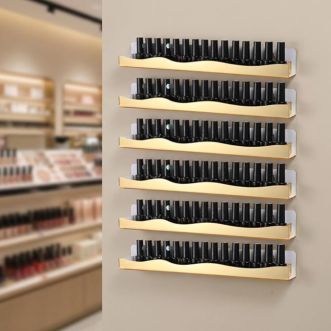 6 Pack Gold Reflective Acrylic Shelves, 15 Inch Wall-Mounted Nail Polish Organizer Rack Mirror Finish Makeup Essentials Storage Multi-Purpose Display Holder for Small Space Vanity Bathroom
