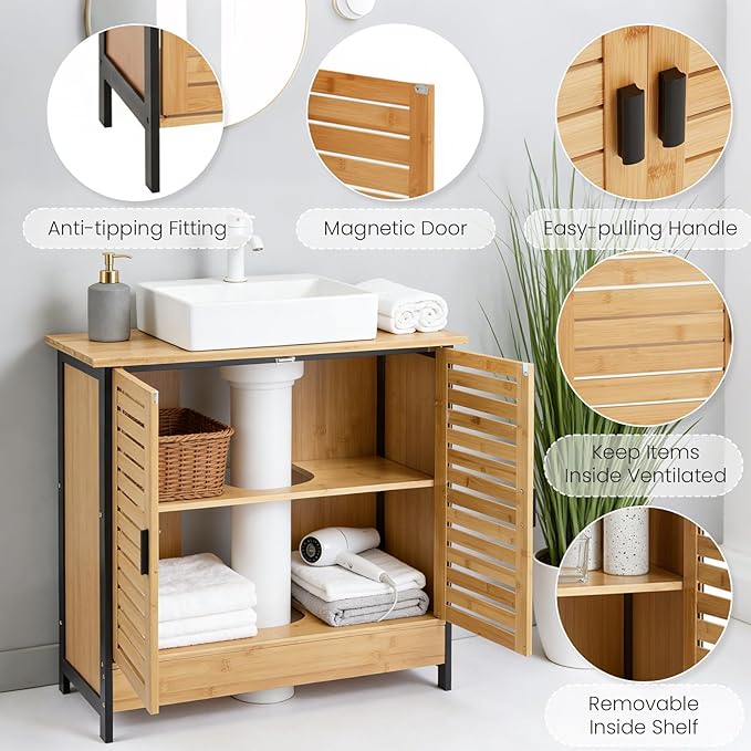 24" Bamboo Pedestal Under Sink Storage Vanity Cabinet, Solid Waterproof Sliding Door Bathroom Organizer with Adjustable Shelf, Modern Bathroom Furniture(for Floor Drain)