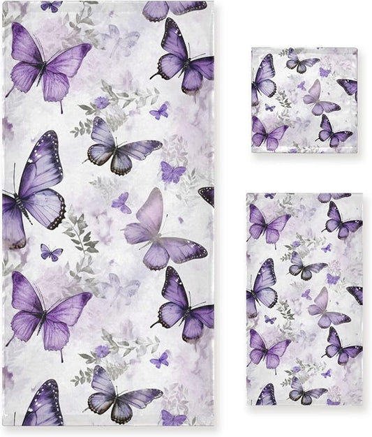 Purple Butterfly Bath Towels Set,Ultra Soft 3 Piece Vintage Watercolor Floral Butterflies Towels for Bathroom,1 Bath Towel 1 Hand Towel 1 Washcloth,Absorbent Decoractive Guest Bathroom Towels