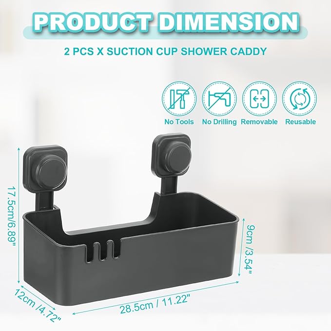 uxcell 2Pcs Suction Cup Shower Caddy, 11 x 7 Inches Suction Cup Shower Organizer Shelf Wall Mount Dispenser Rack Storage Shelf for Bathroom Kitchen, Gunmetal Grey