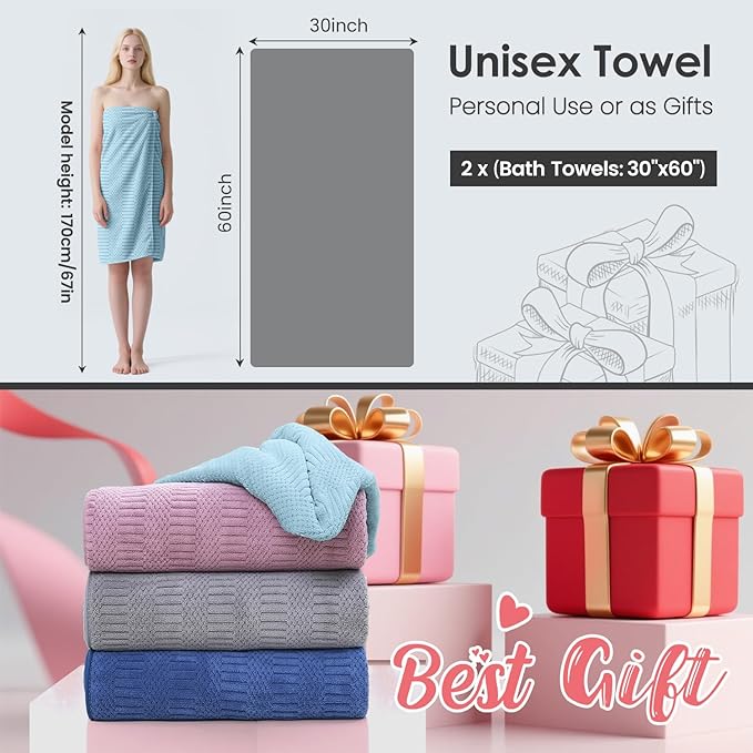 Microfiber Bath Towels, Large Bathroom Towel 2 Pack (30" x 60"), Oversized, Soft, Super Absorbent and Fast Drying, Multipurpose Use for Sport, Fitness, Yoga, Diamond Cross Grid Light Blue