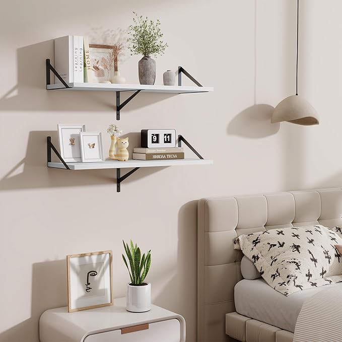 Floating Shelf for Wall,32" WX10 D Wood Floating Shelves with Sturdy Metal Bracket Set of 2,Wall Mounted Hanging Shelf for Bathroom,Bedroom,Kitchen,White