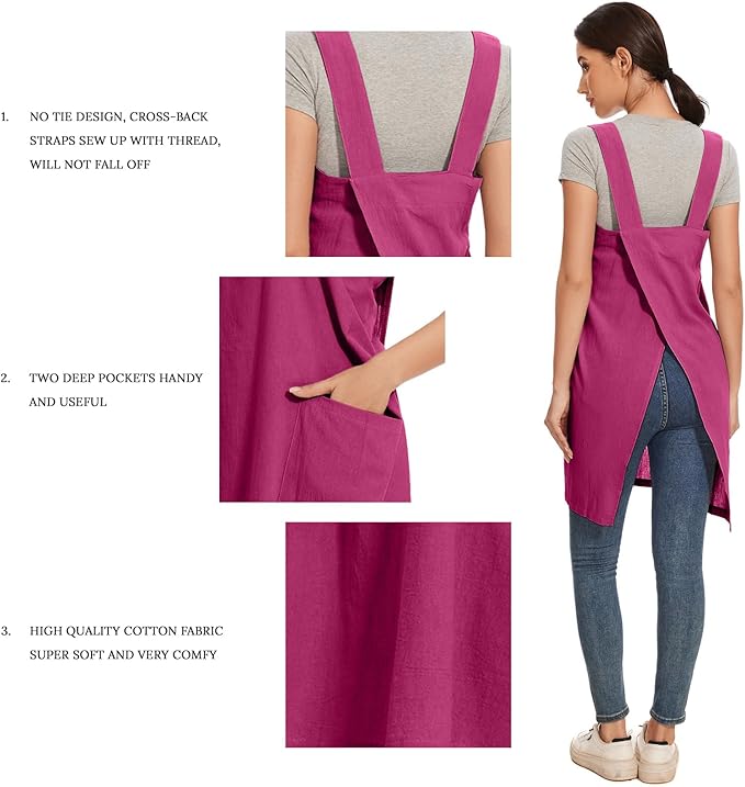 Women Apron with 2 Pockets Cotton Linen Kitchen Baking Cooking Chef Cross Back Pinafore Dress
