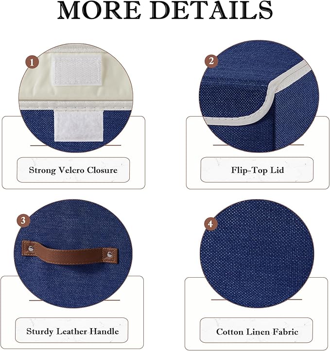 Collapsible Storage Boxes Baskets with Lid Cotton Linen Fabric Storage Bins with Faux Leather Handles Decorative Washable Cube Organizer Container for Home Closet Bedroom (Blue, Small Size)