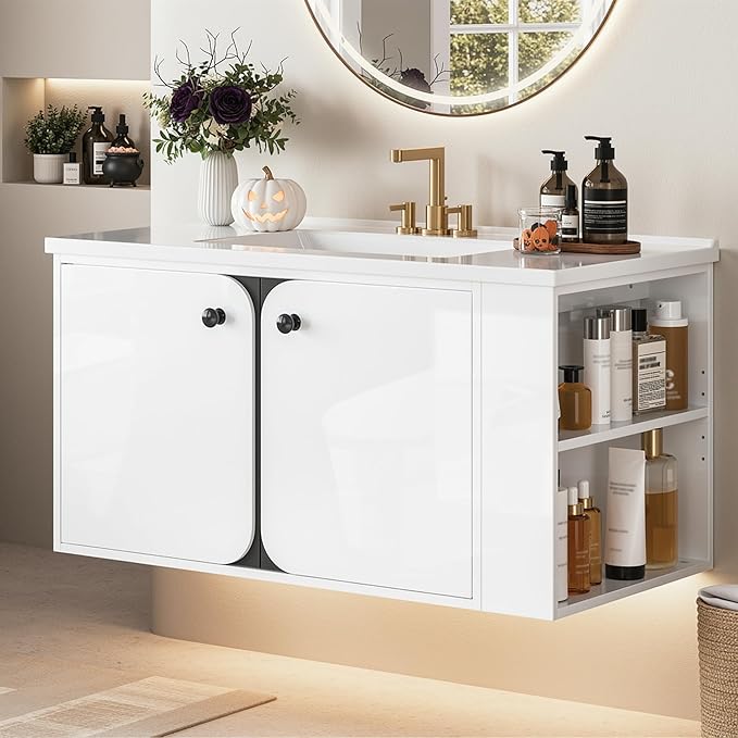 IRONCK 36 Inch Bathroom Vanity with Sink, Wall Mounted Floating Vanity with LED Light & Open Side Shelf, High Gloss Modern Bathroom Cabinet for Small Space, White