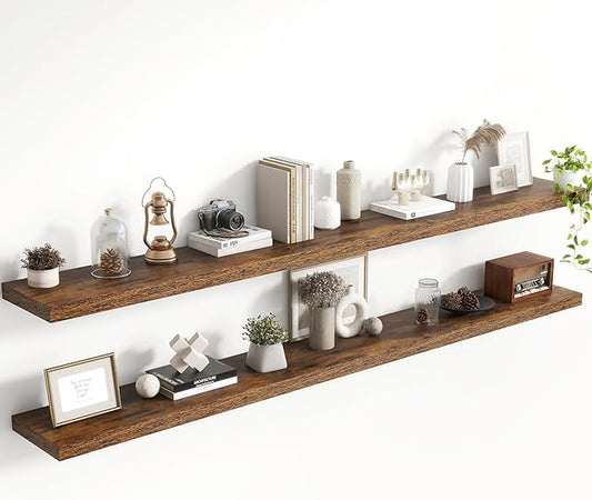 72 Inch Floating Shelves, 8 Inch Deep Floating Shelves for Wall, Hanging Shelf with Invisible Brackets, Deep Shelves for Bathroom, Bedroom, Living Room, Brown, Set of 2