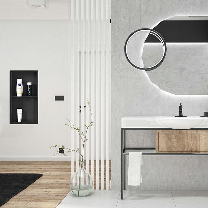 Homevacious 12"×24" Stainless Steel Shower Niche No Tile Needed Matte Black Double Shelves Bathroom Niche Shelf Rimless Recessed Wall Niche for Bathroom Storage